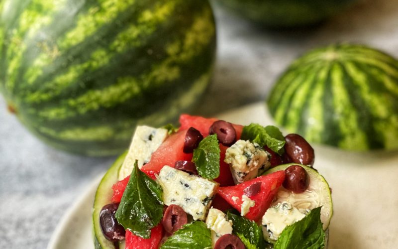 Watermelon Gorgonzola Salad with Mint-Lime Dressing featured by top NC food blogger, Food Diary of a City Girl