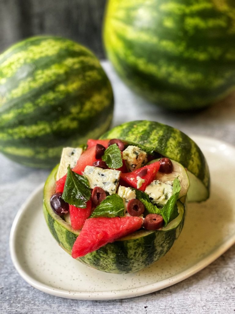 Watermelon Gorgonzola Salad with Mint-Lime Dressing featured by top NC food blogger, Food Diary of a City Girl