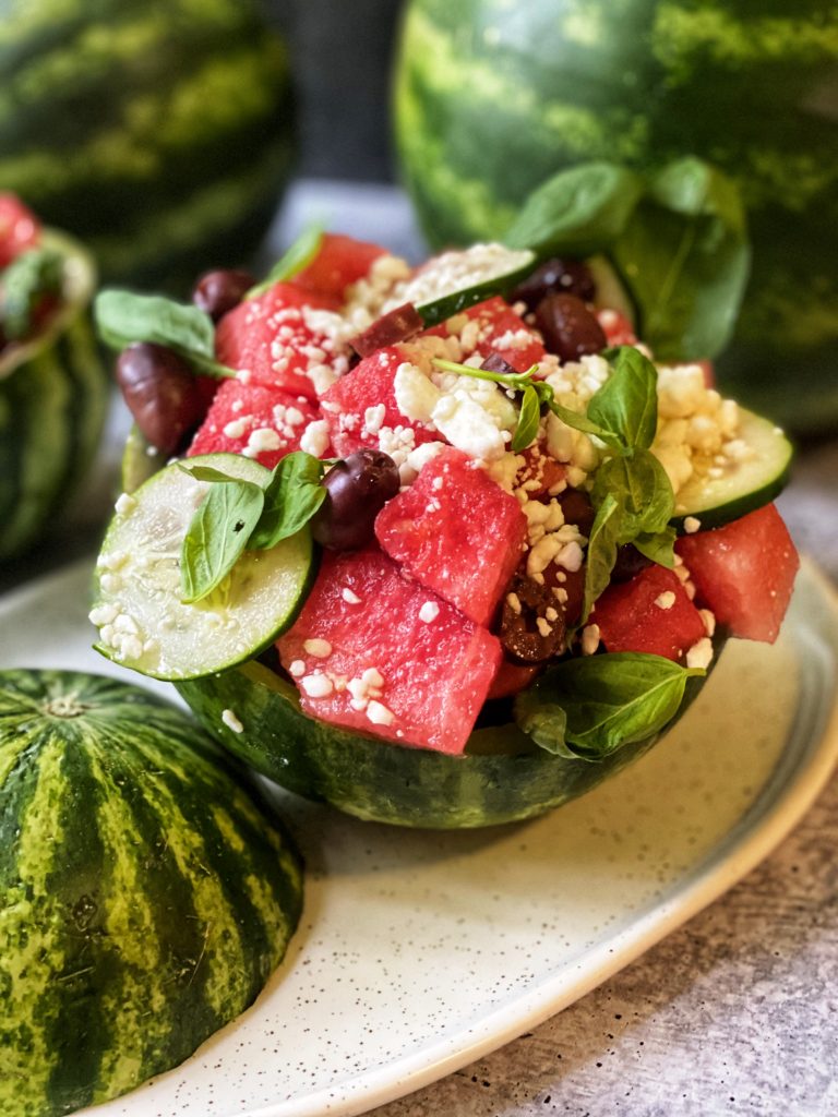 Watermelon Lime Basil Feta Salad featured by top NC food blogger, Food Diary of a City Girl