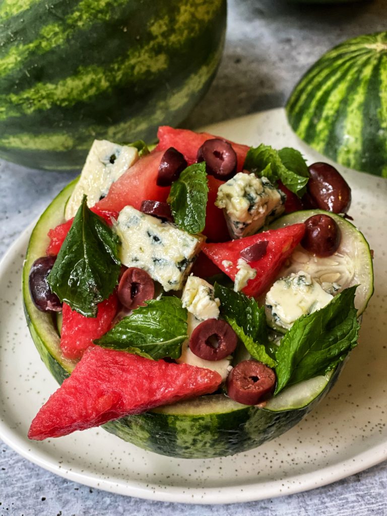 Watermelon Gorgonzola Salad with Mint-Lime Dressing featured by top NC food blogger, Food Diary of a City Girl